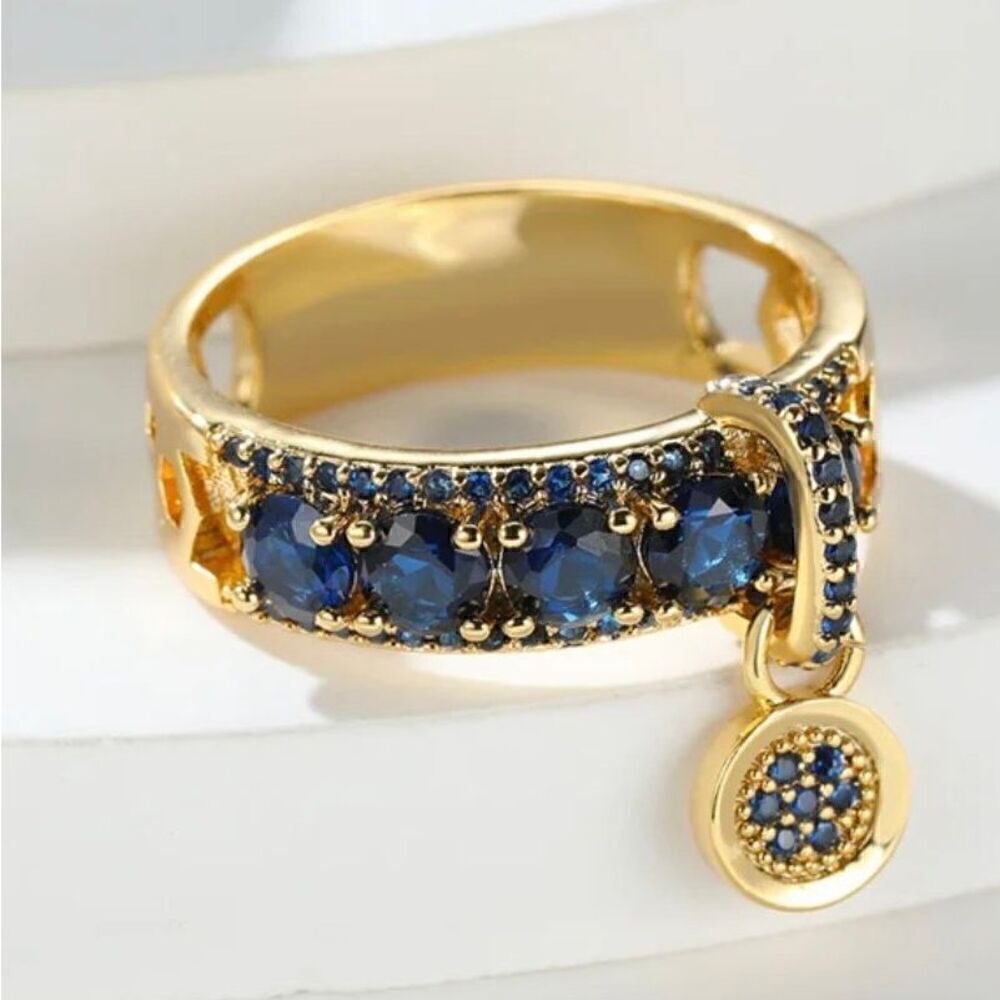 Royal Blue Sapphire CZ Gold Toned Dangle Fashion Ring Womens Size 6 New